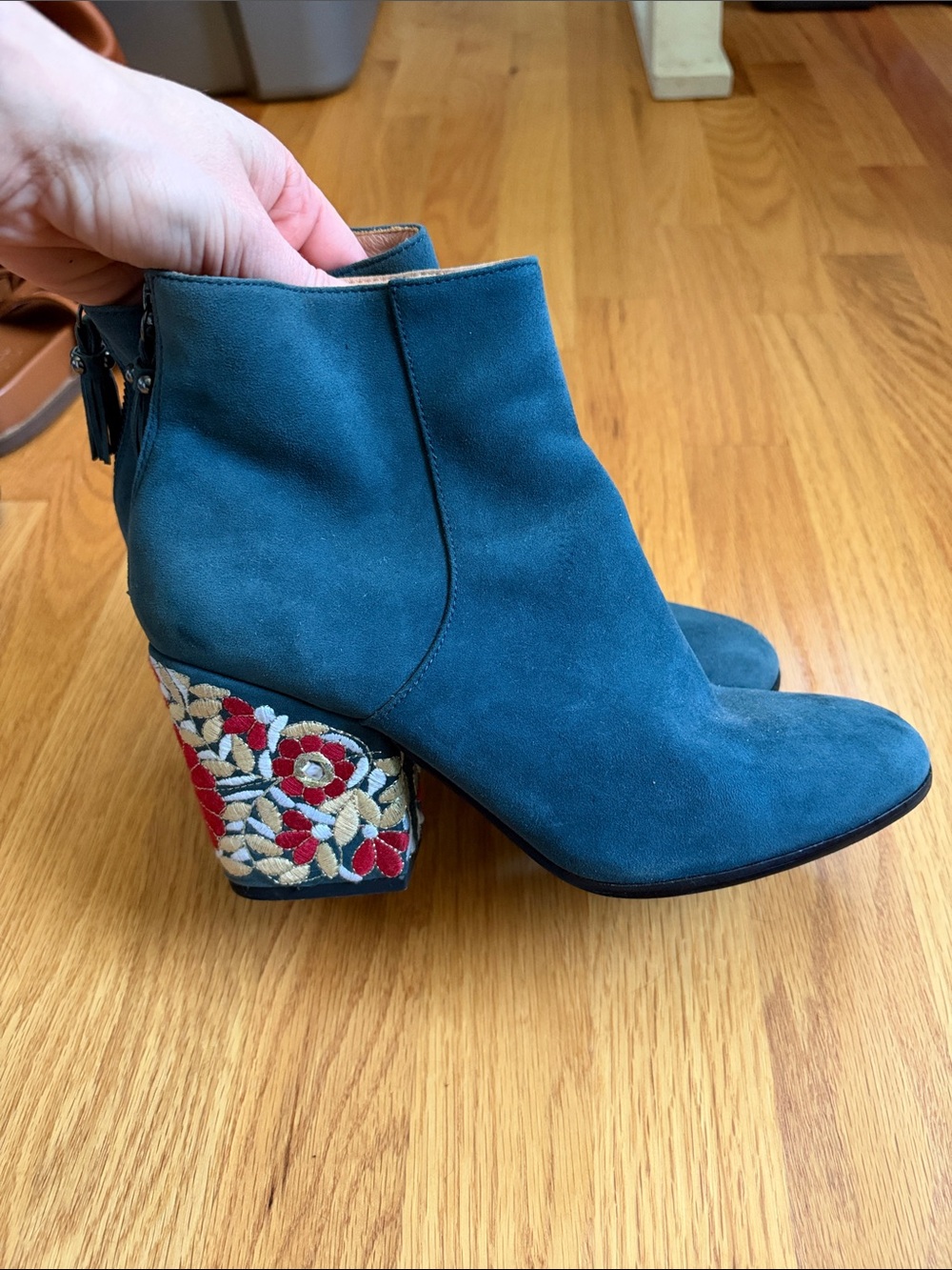 Mojo Moxy Teal Suede Ankle Boots with Embroidered Floral Block Heel